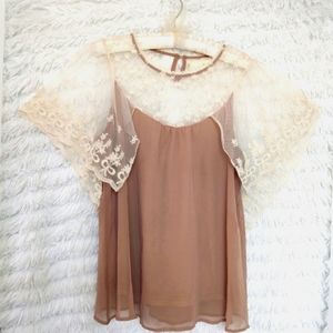 Anthro a'reve lace sleeve top  L